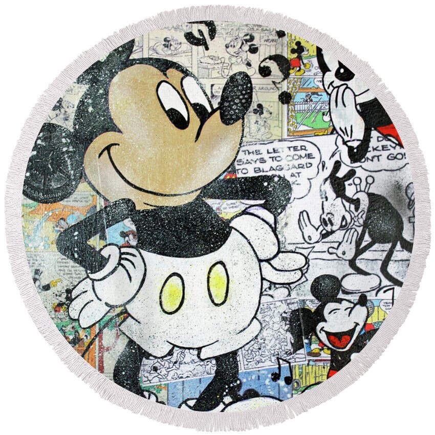 Mickey Mouse Round Beach Towel featuring the mixed media Mickey Mouse Comics by Kathleen Artist PRO