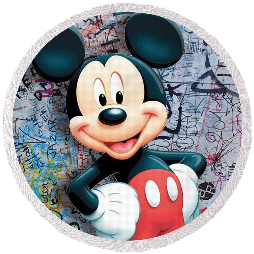 Mickey Mouse Round Beach Towel featuring the painting Mickey Mouse Pop Art Graffiti 8 by Tony Rubino