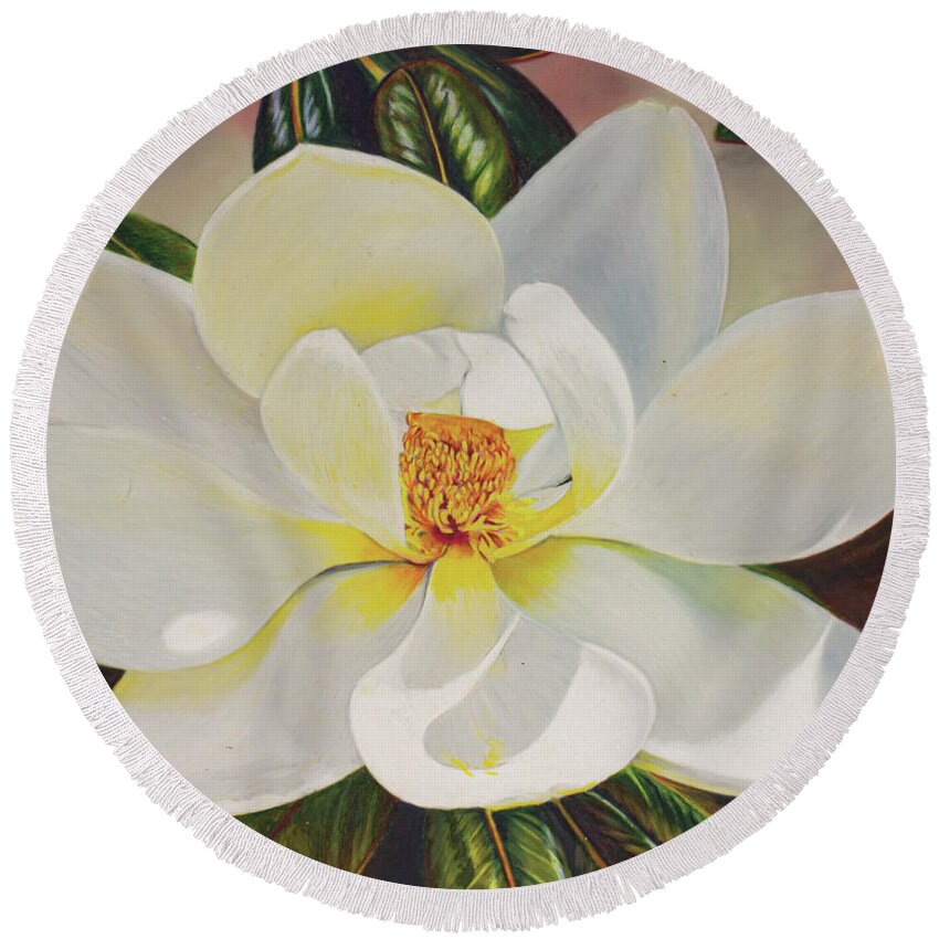Magnolia Round Beach Towel featuring the drawing Mid-day Magnolia by Kelly Speros