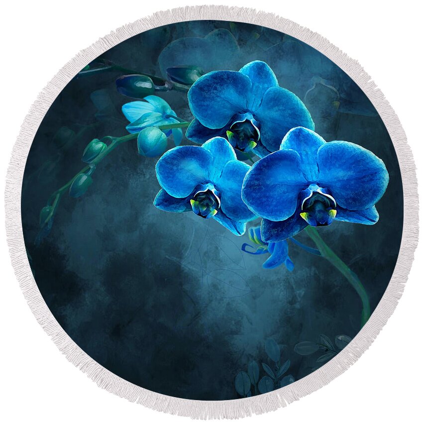 Blue Orchids Round Beach Towel featuring the digital art Midnight in a Magical Hawaiian Garden by J Marielle