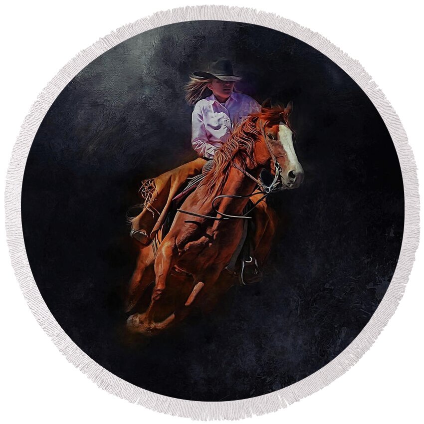 Cowgirl Round Beach Towel featuring the mixed media Midnight Rider by Kathy Kelly
