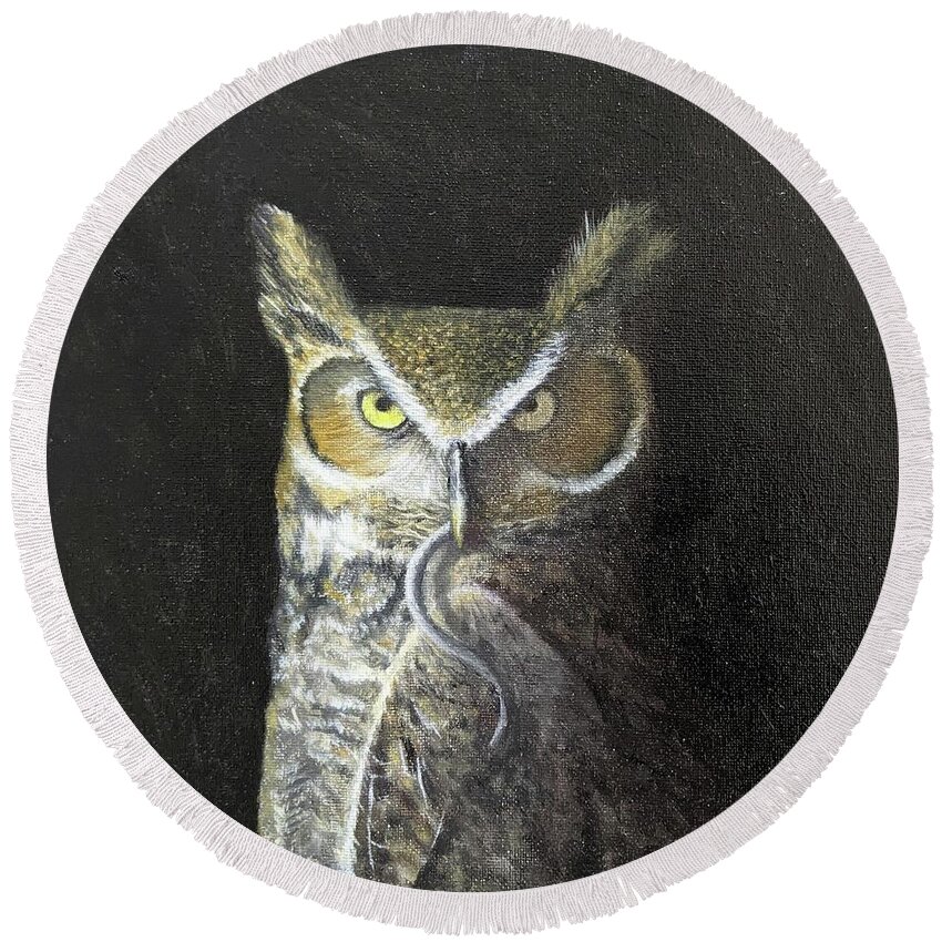 Owl Round Beach Towel featuring the painting Midnight Snack by Kevin Daly