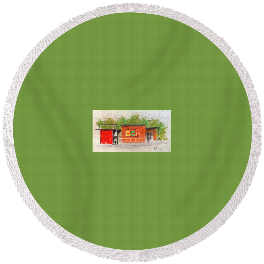 Architecture Round Beach Towel featuring the painting Midtown Market by William Renzulli
