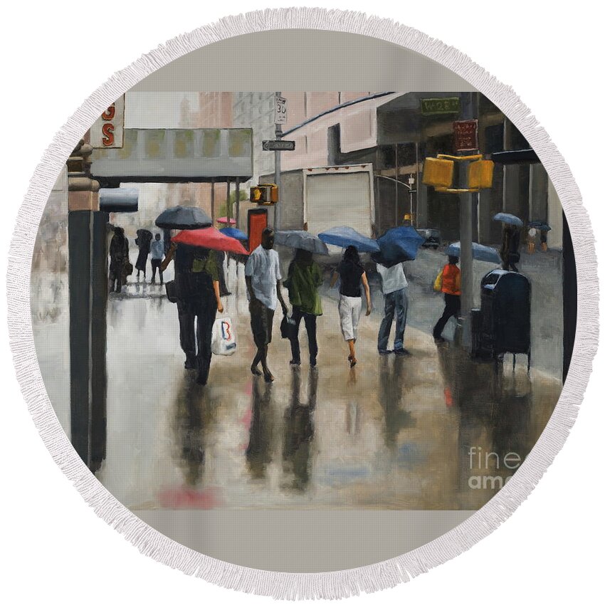 Rain Round Beach Towel featuring the painting Midtown USA by Tate Hamilton