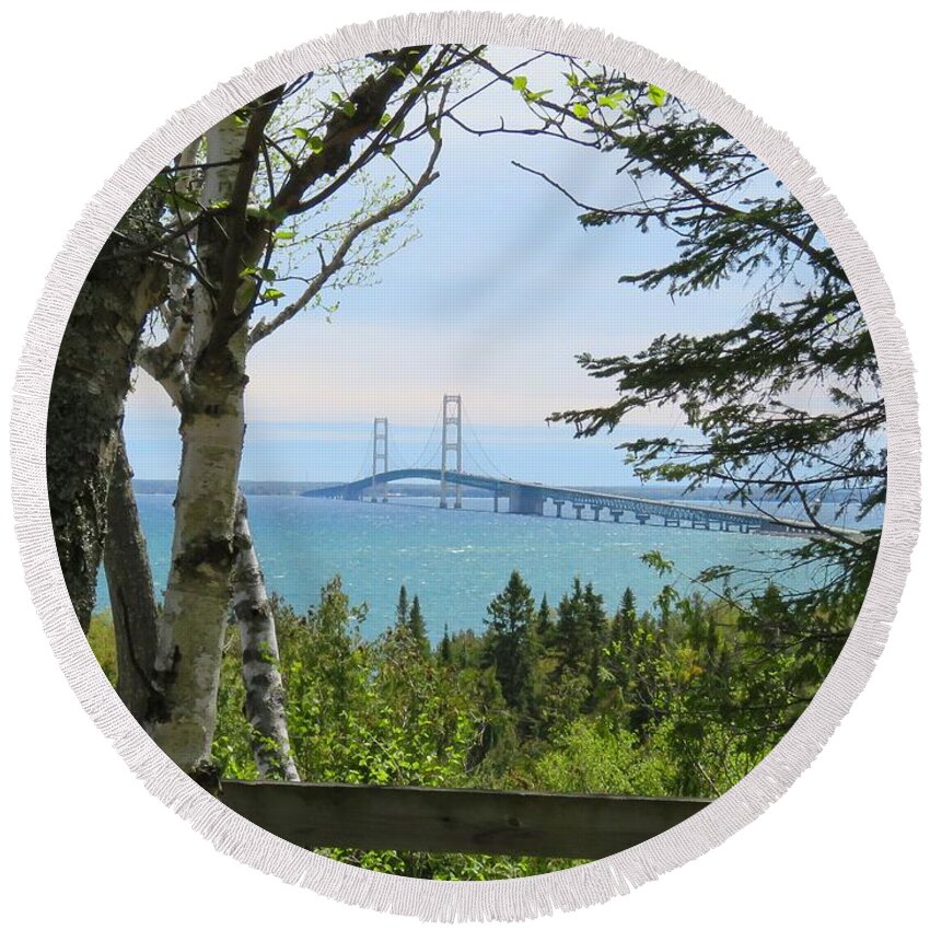 Mackinac Bridge Round Beach Towel featuring the photograph Mighty Mac From Straits State Park by Keith Stokes