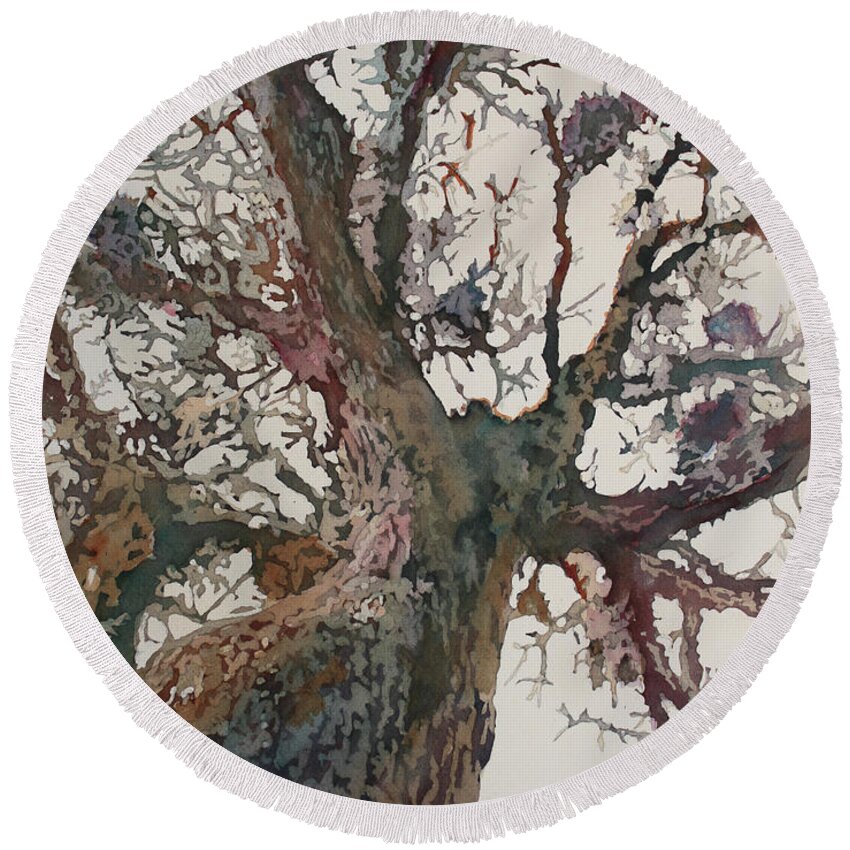 Tree Round Beach Towel featuring the painting Mighty Oak by Jenny Armitage
