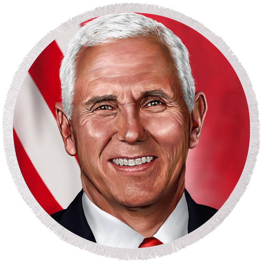 Mike Pence Drawing Round Beach Towel featuring the digital art Mike Pence Painting by Femchi Art