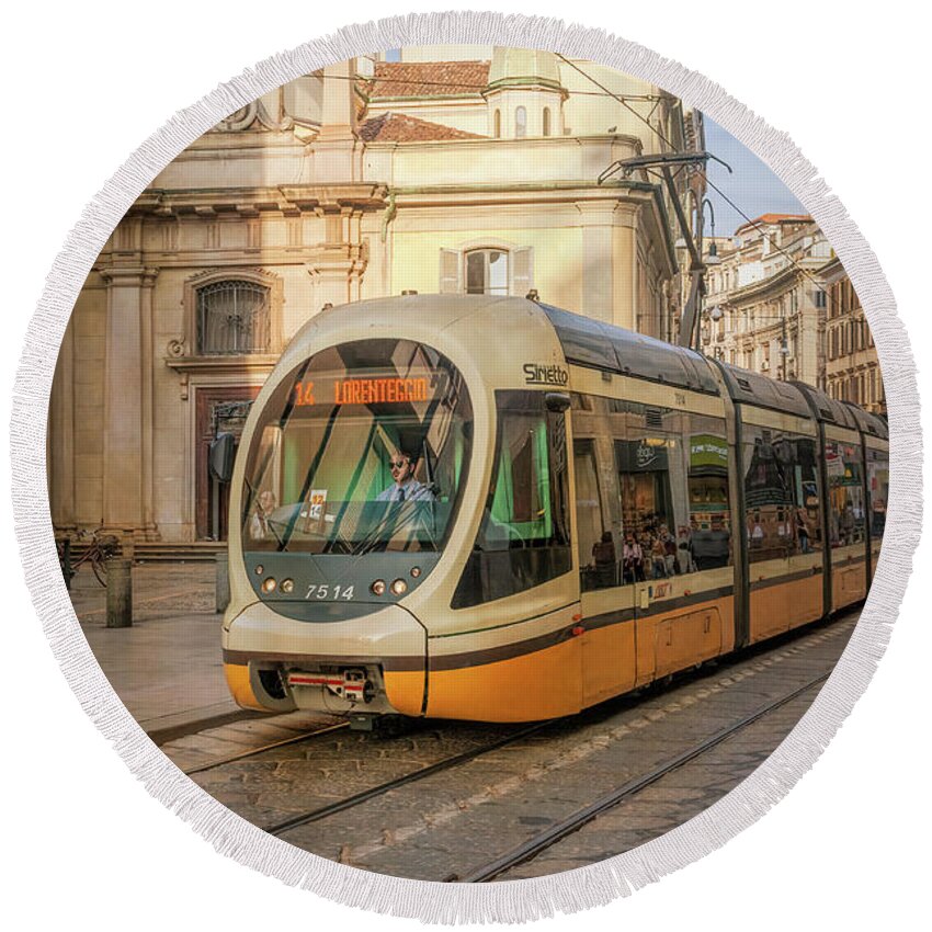 Milan Round Beach Towel featuring the photograph Milan Tram#3 by Richard Downs