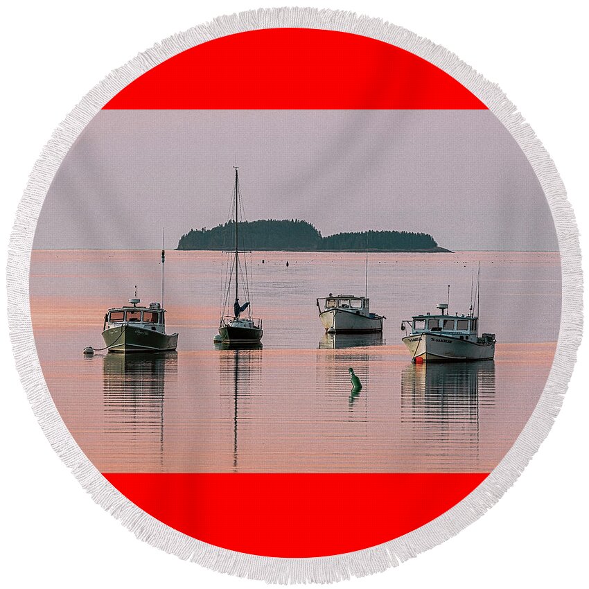 Milbridge Boats At First Light Round Beach Towel featuring the photograph Milbridge Boats At First Light by Marty Saccone