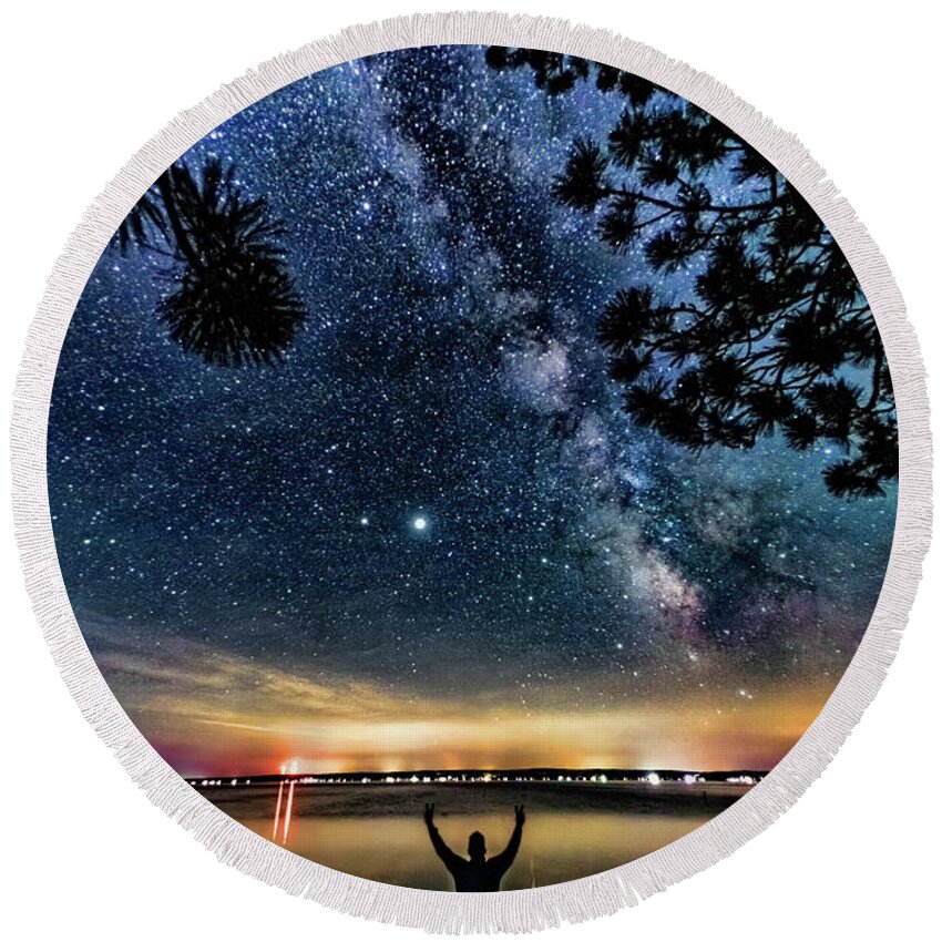 Higgins Lake Round Beach Towel featuring the photograph Milky Way Higgins Lake Summer Solstice 2020 by Joe Holley