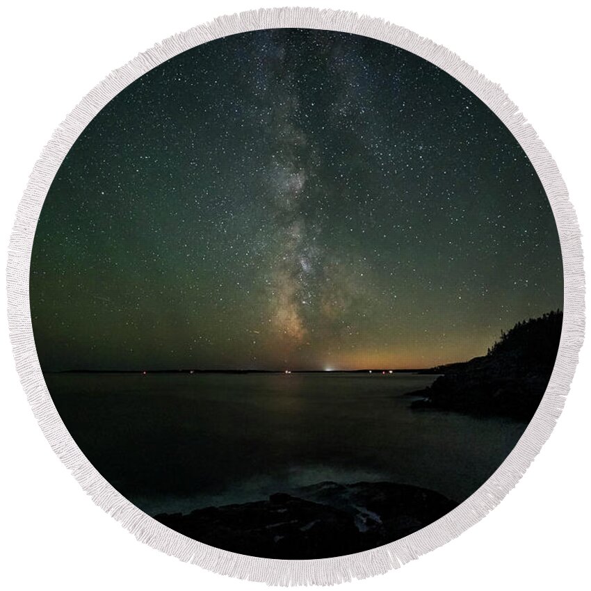 Acadia Round Beach Towel featuring the photograph Milky Way over Acadia by GeeLeesa
