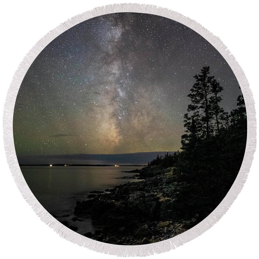 Milky Way Round Beach Towel featuring the photograph Milky Way over Acadia Western Point by GeeLeesa Productions