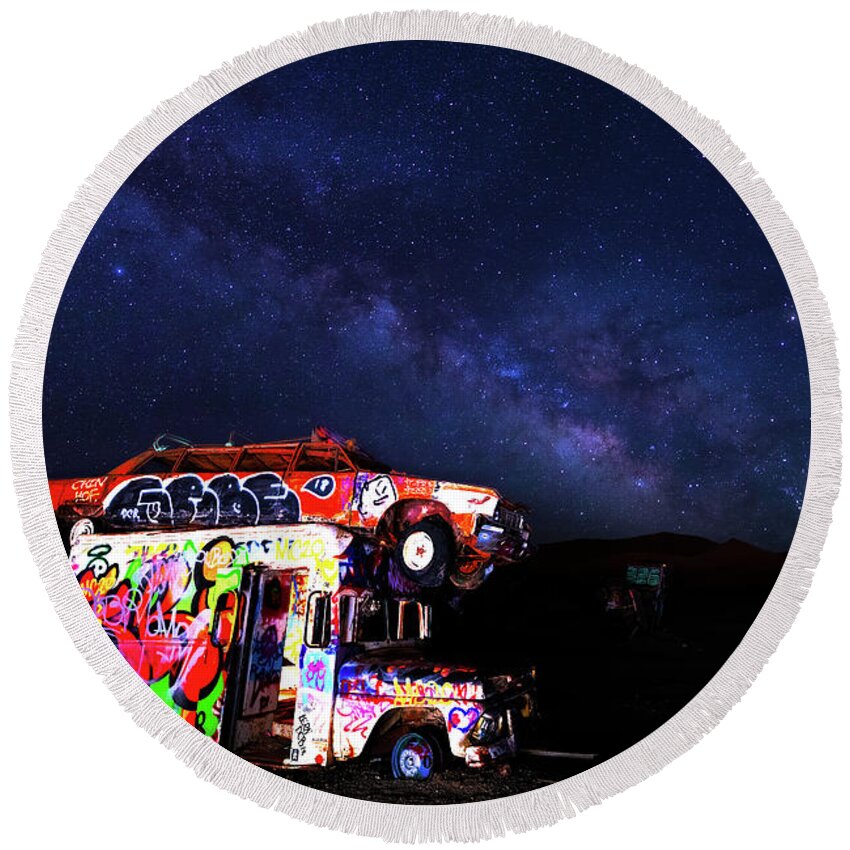 America Round Beach Towel featuring the photograph Milky Way Over Mojave Graffiti Art 1 by James Sage