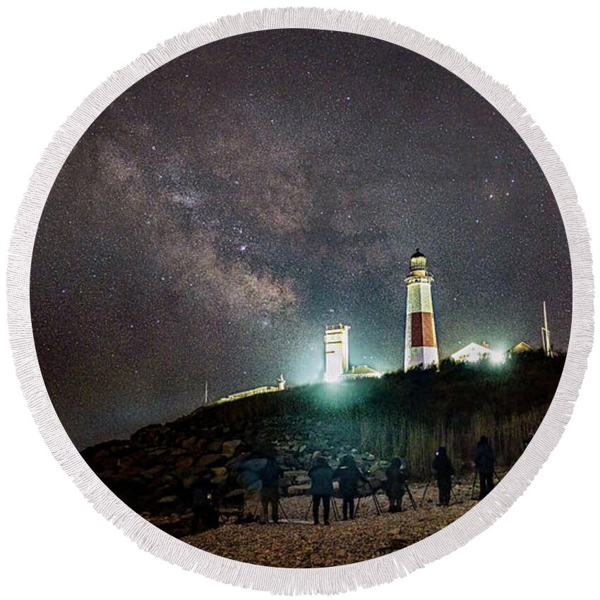 Lighthouse Round Beach Towel featuring the photograph Milky Way Over Montauk Lighthouse by Sean Mills