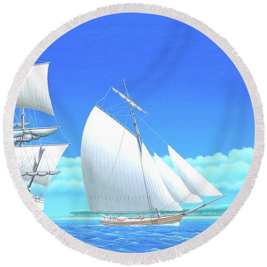 Keith Reynolds Round Beach Towel featuring the painting Millennium of Sailing in Marshall Islands - Russian Brig Rurick by Keith Reynolds