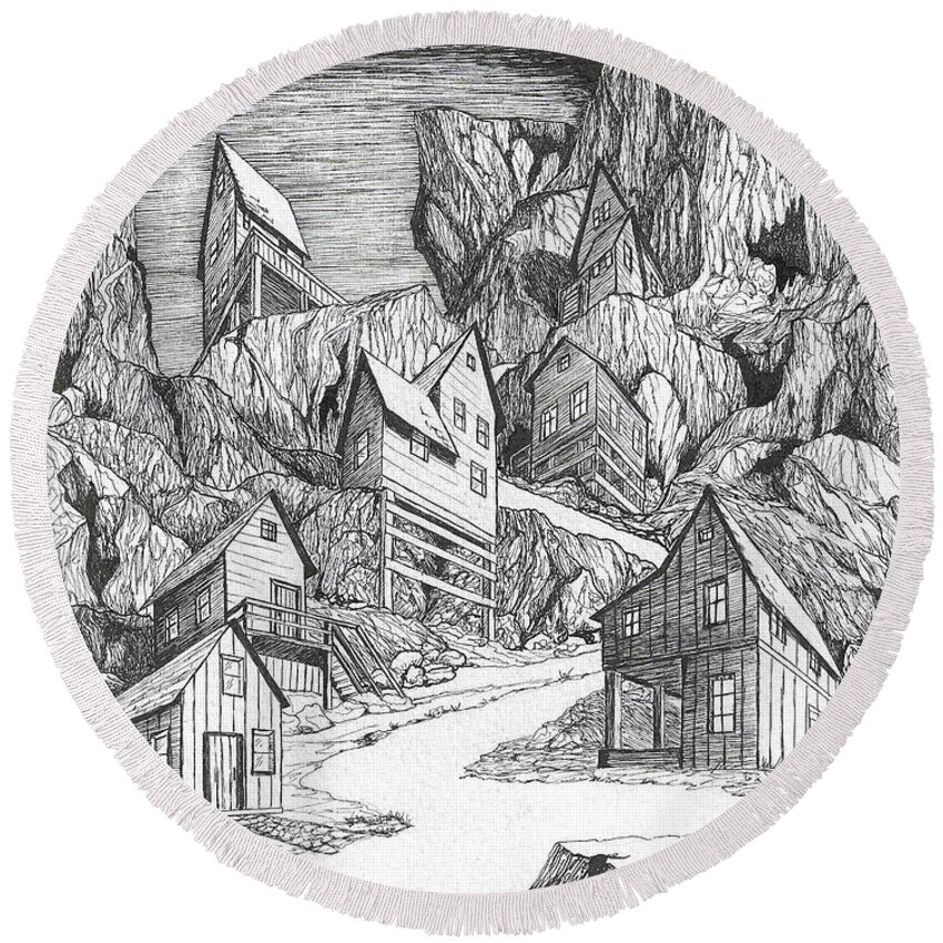 Old Round Beach Towel featuring the drawing Miner's Village by Loxi Sibley