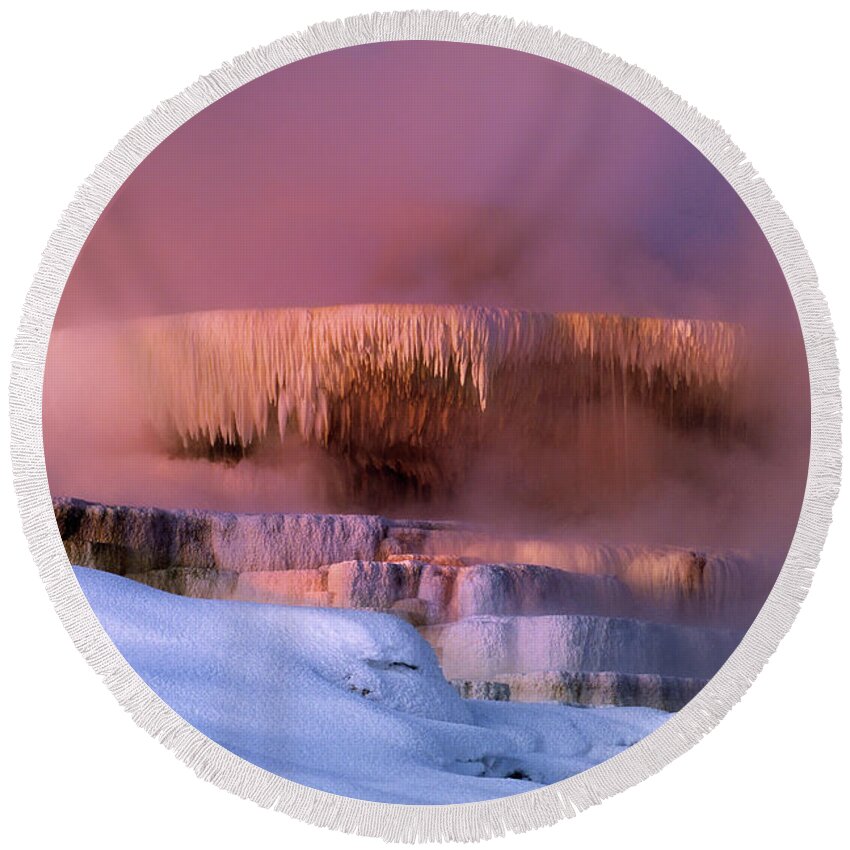 Dave Welling Round Beach Towel featuring the photograph Minerva Springs Yellowstone National Park Wyoming by Dave Welling