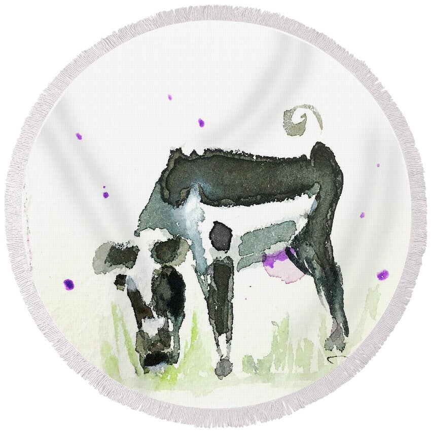 Cow Round Beach Towel featuring the painting Mini Cow 2 by Roxy Rich