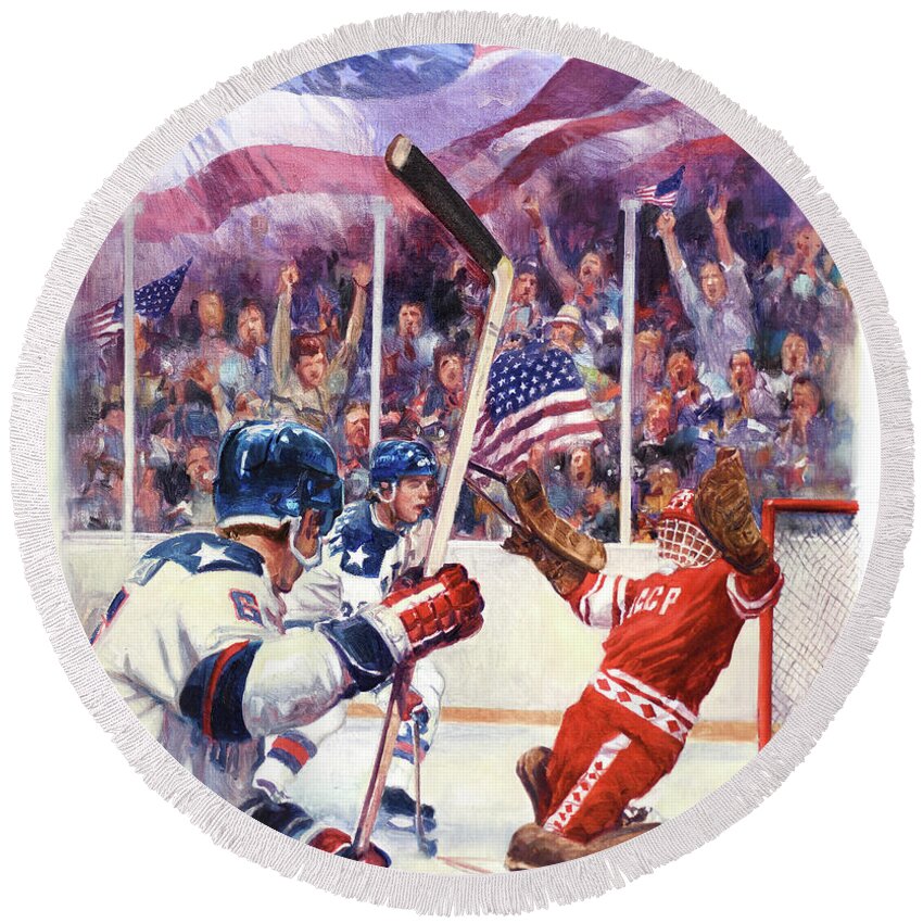 Dennis Lyall Round Beach Towel featuring the painting Miracle On Ice - USA Olympic Hockey Wins Over USSR by Dennis Lyall