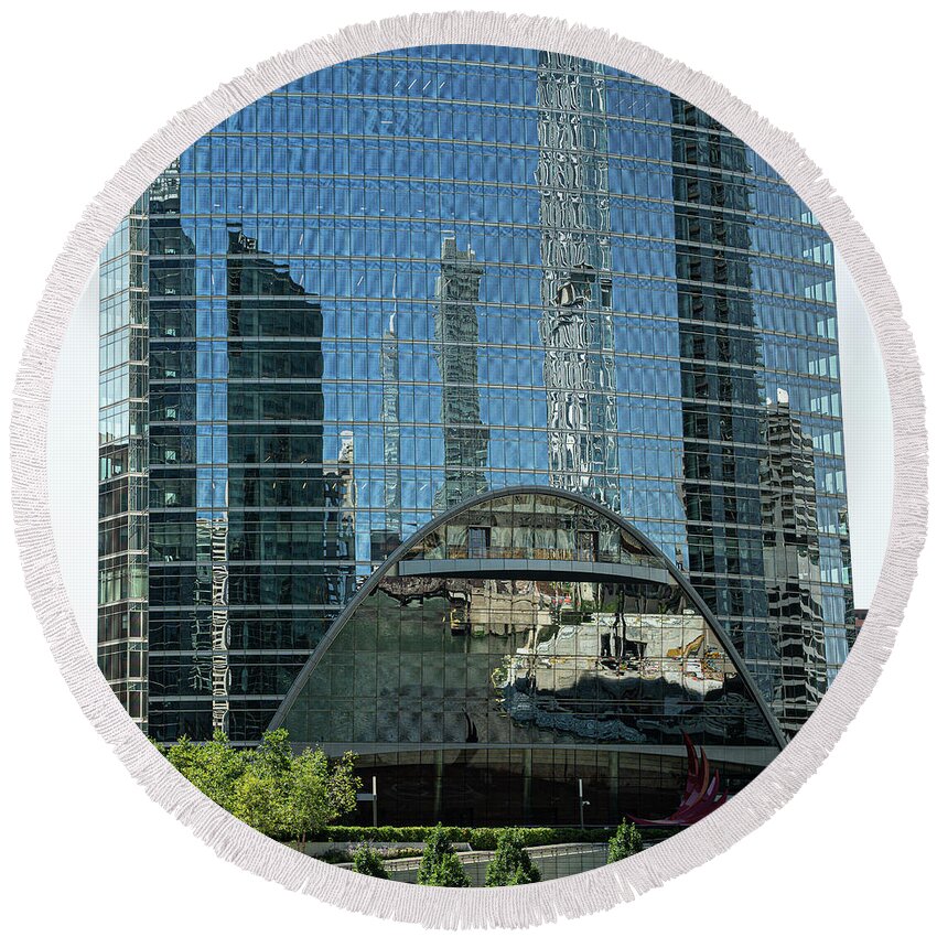 Mirrored Building - Chicago Round Beach Towel featuring the photograph Mirrored Building - Chicago by David Morehead