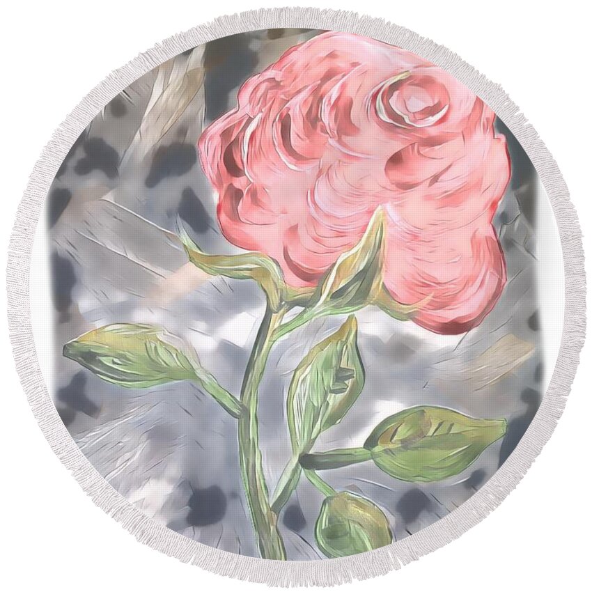 Pink Round Beach Towel featuring the painting Mirrored Rose by Eloise Schneider Mote
