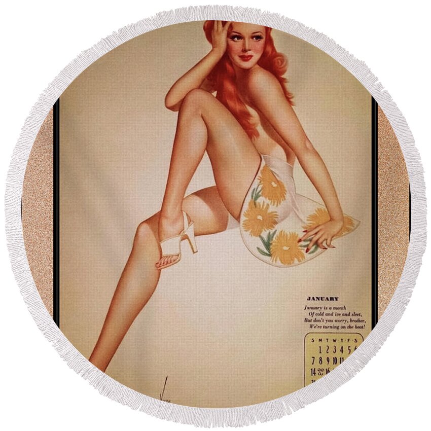 Miss January Round Beach Towel featuring the painting Miss January Varga Girl 1944 Pin-up Calendar by Alberto Vargas Vintage Pin-Up Girl Art by Rolando Burbon