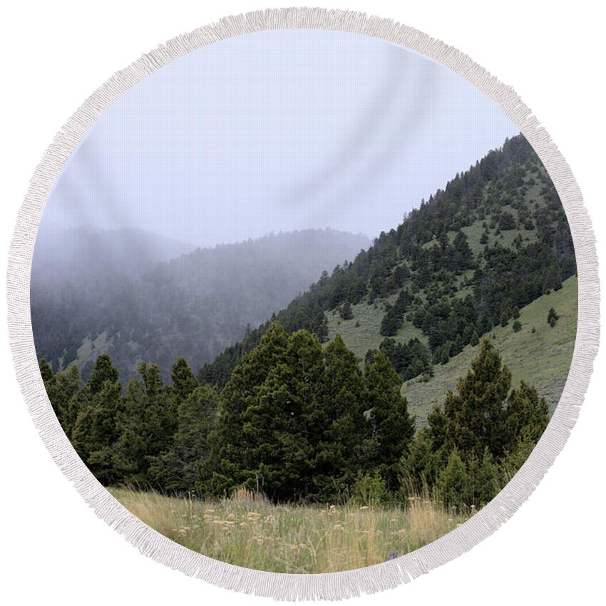Scenic Round Beach Towel featuring the photograph Mist in the Mountains by Kae Cheatham