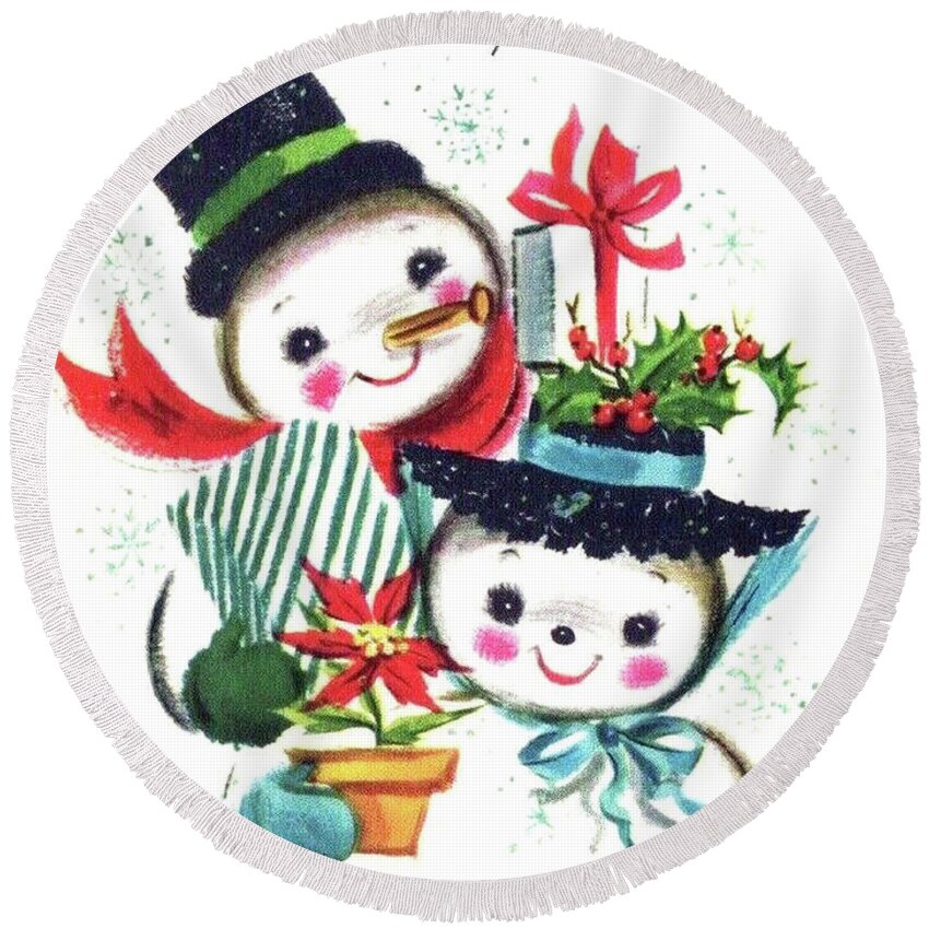 Snowman Round Beach Towel featuring the digital art Mister and Misis Snowmen Wish You a Merry Christmas by Long Shot