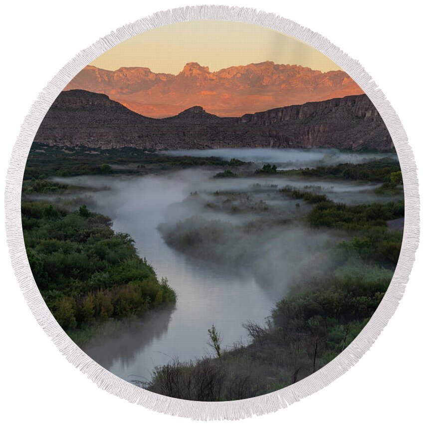 2018 Round Beach Towel featuring the photograph Misty Big Bend Sunrise by Erin K Images