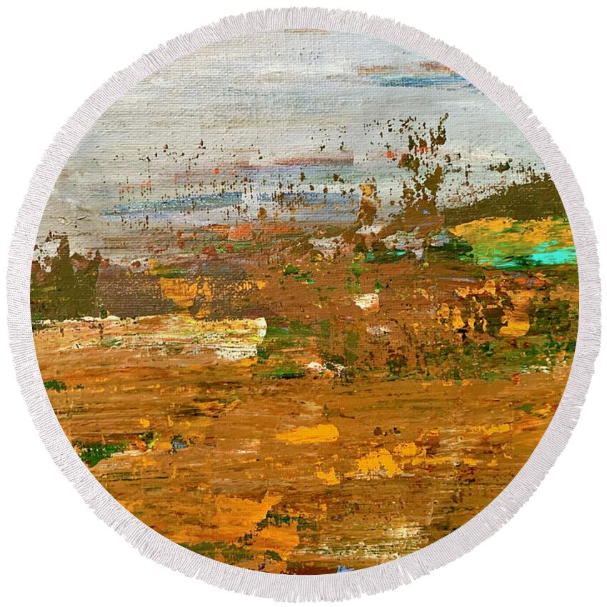 Landscape Round Beach Towel featuring the painting Misty Meadow by Teresa Moerer
