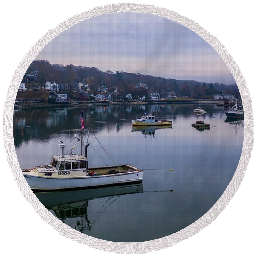 Boats Round Beach Towel featuring the photograph Misty Morning in Northport Harbor by Sean Mills