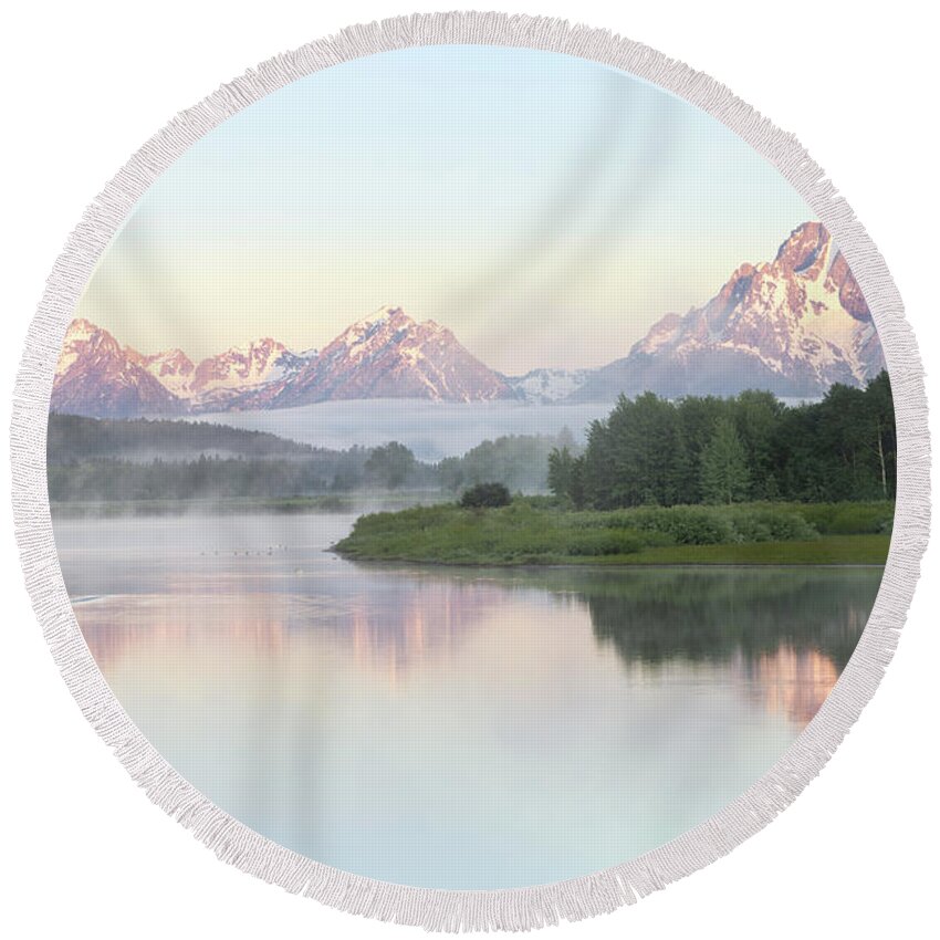 Oxbow Bend Round Beach Towel featuring the photograph Misty Morning on Oxbow Bend in Grand Teton National Park by Ronda Kimbrow