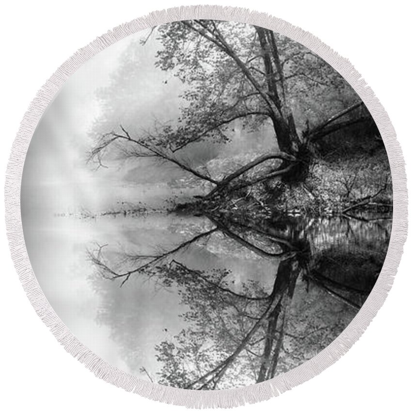 Black Round Beach Towel featuring the photograph Misty Morning Tree Reflections Black and White by Debra and Dave Vanderlaan