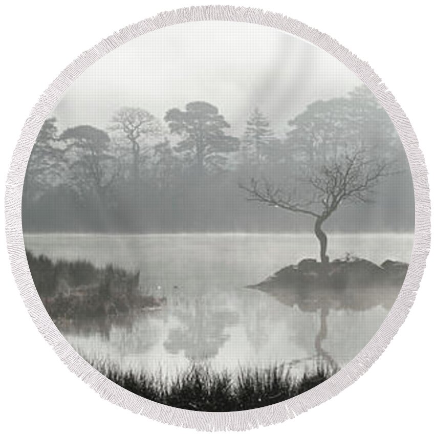 Panorama Round Beach Towel featuring the photograph Misty rydal water lake district by Sonny Ryse