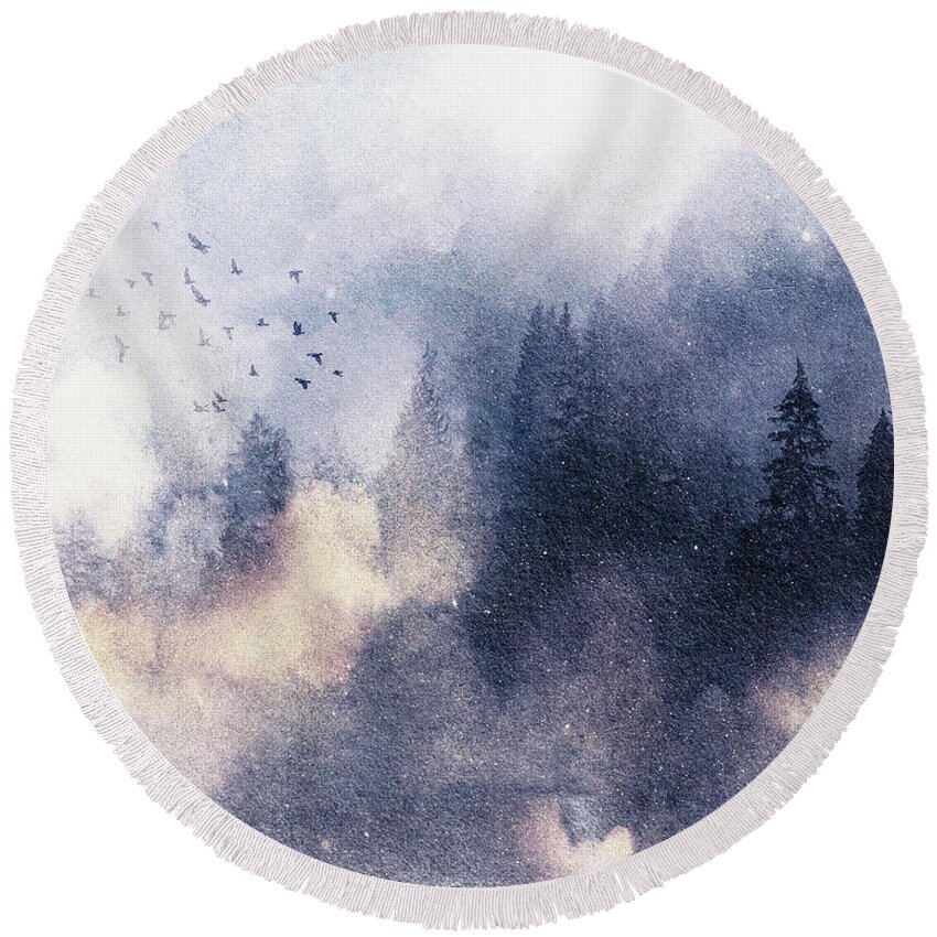 Blue Round Beach Towel featuring the mixed media Misty Winter 7 by Colleen Taylor