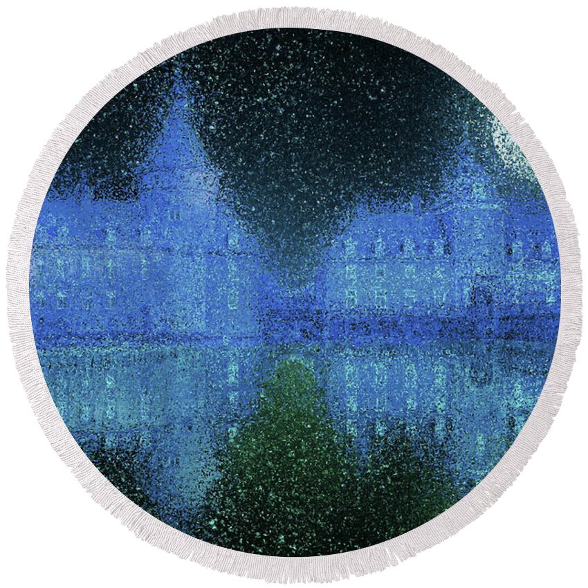 Castle Round Beach Towel featuring the painting Moated castle on a moonlit night by Alex Mir
