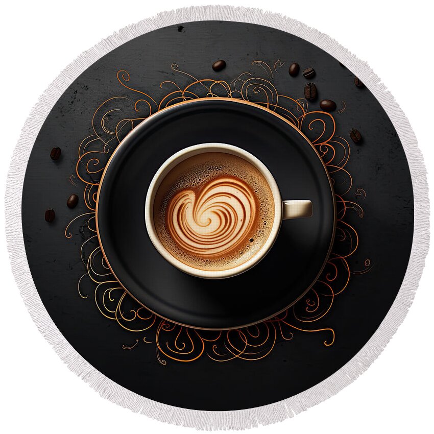Modern Coffee Art Round Beach Towel featuring the painting Mocha Muse - Black and Gold Wall Art by Lourry Legarde