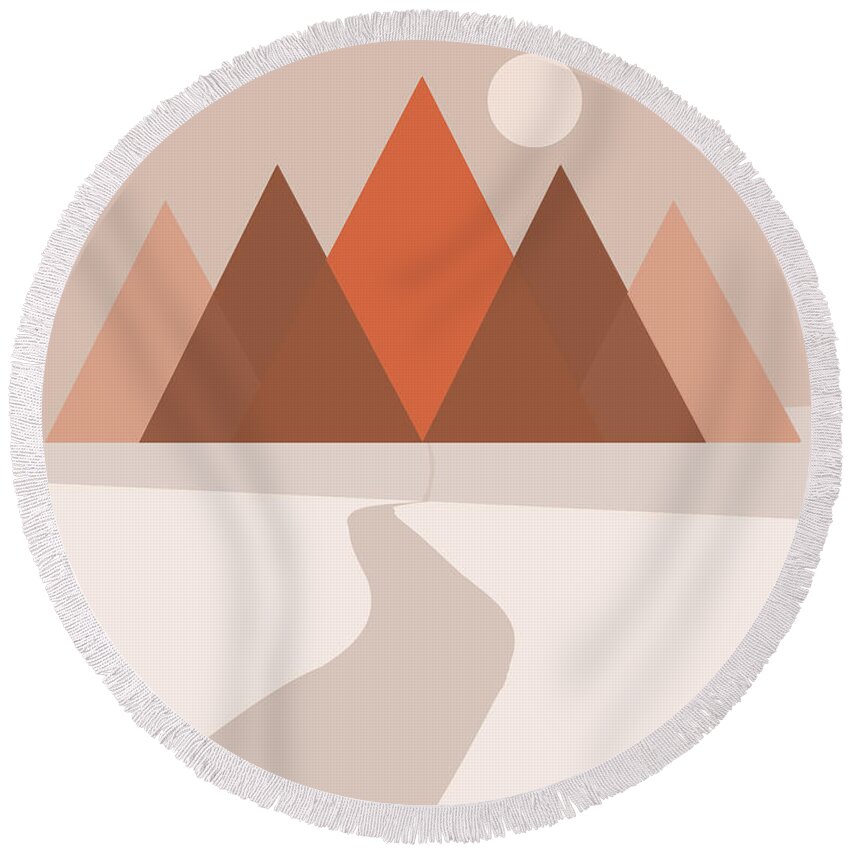 Mountains Round Beach Towel featuring the mixed media Modern Abstract Geometric Mountains - Nature Abstract - Terracotta Brown - Landscape by Studio Grafiikka