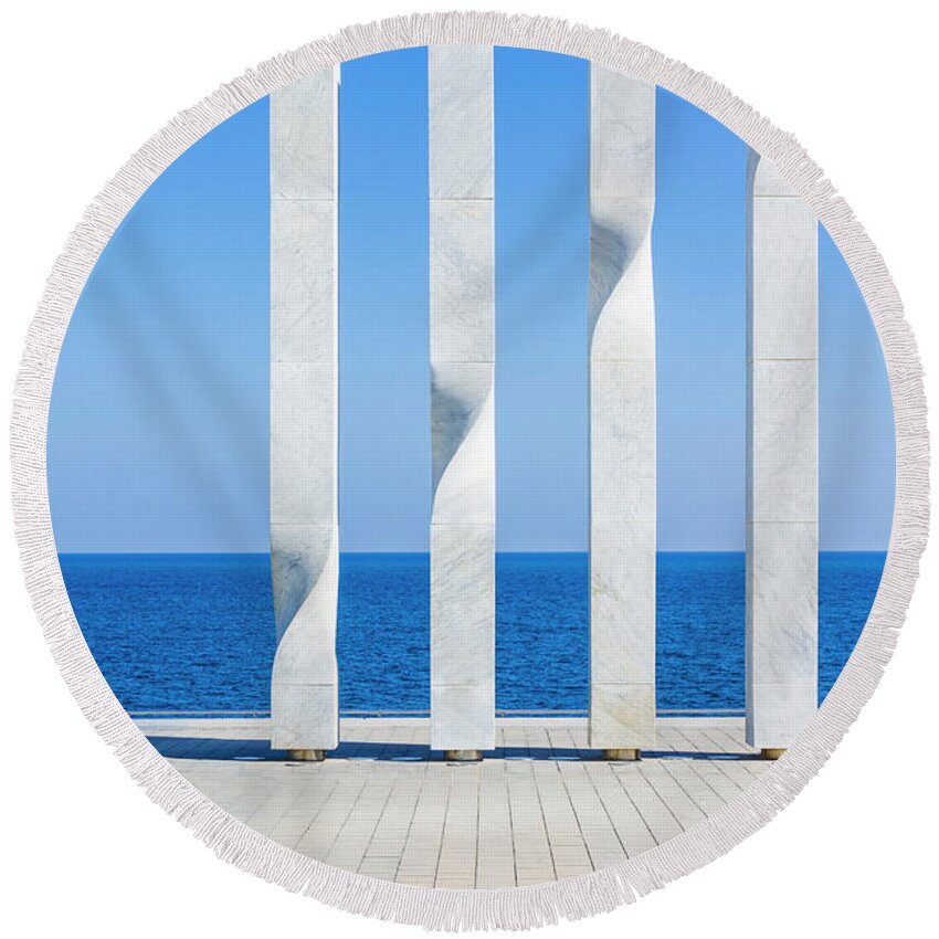 Four Posts Round Beach Towel featuring the photograph Modern art sculpture, Barcelona by Neale And Judith Clark
