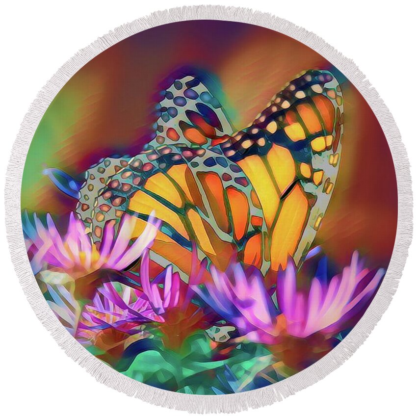 Butterfly Round Beach Towel featuring the photograph Modern Monarch by Mary Walchuck