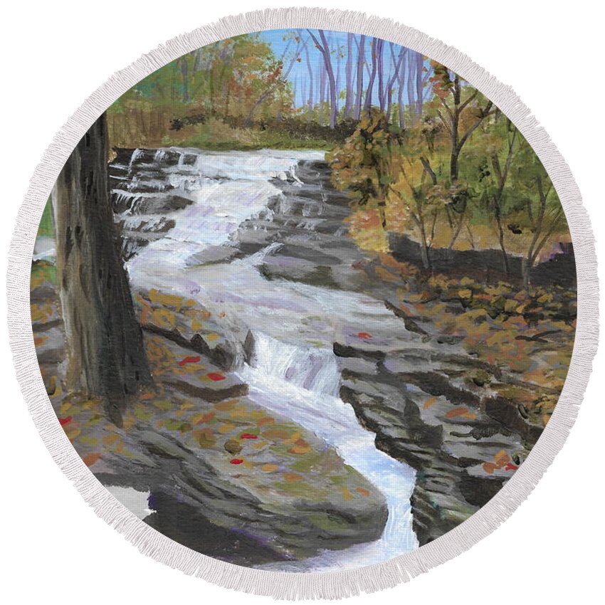 Mohawk Round Beach Towel featuring the painting Mohawk Cascade by David Bigelow
