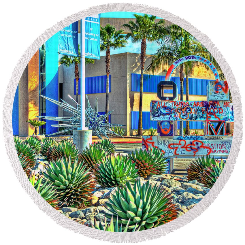 The Only Museum In The United States Dedicated To Modern And Contemporary Latin American And Expands Knowledge And Appreciation Of Modern And Contemporary Latin American Art Through Its Collection Round Beach Towel featuring the photograph MoLAA Museum of Latin Art by David Zanzinger