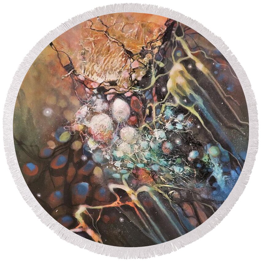 Abstract Round Beach Towel featuring the painting Molecular Response by Tom Shropshire