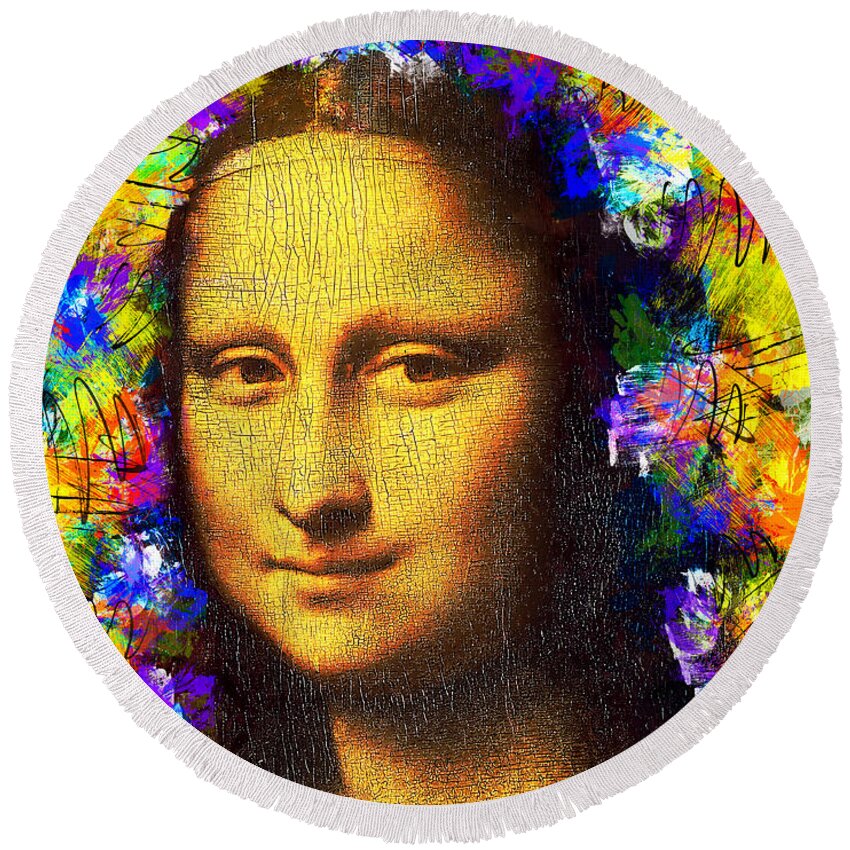 Mona Lisa Round Beach Towel featuring the digital art Mona Lisa golden colorful portrait - digital recreation by Nicko Prints