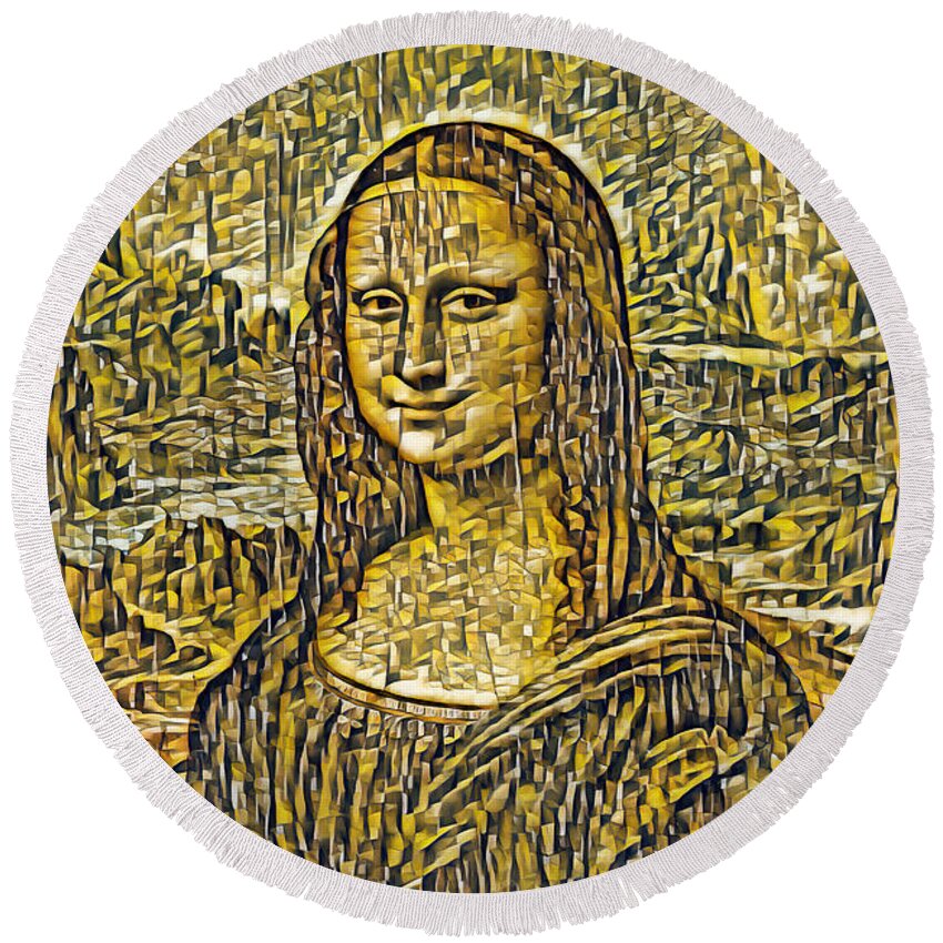 Mona Lisa Round Beach Towel featuring the digital art Mona Lisa in the cubist style with small shapes - digital recreation by Nicko Prints