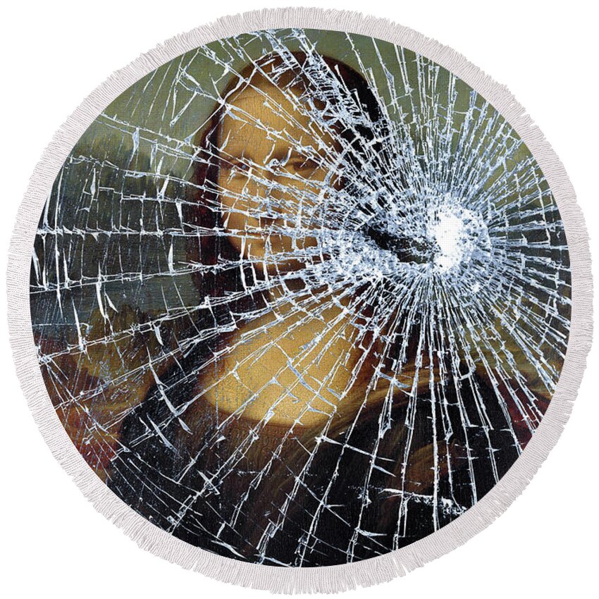 Accident Round Beach Towel featuring the digital art Mona Lisa Shattered Repost by Brian Carson