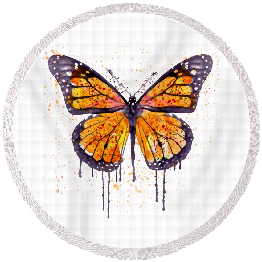 Monarch Butterfly Round Beach Towel featuring the painting Monarch Butterfly watercolor by Marian Voicu