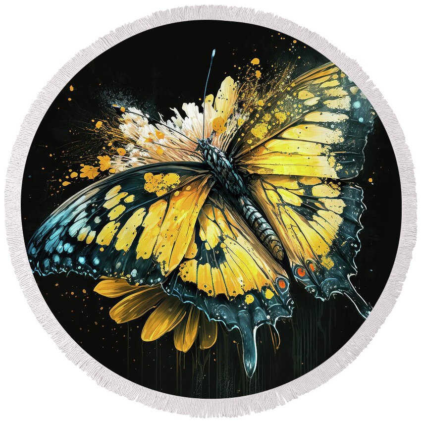 Monarch Butterfly Round Beach Towel featuring the painting Monarch Daisy Explosion by Tina LeCour