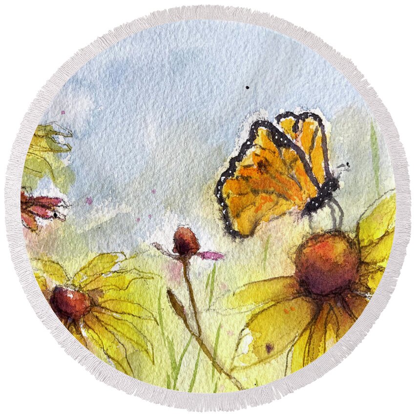 Monarch Round Beach Towel featuring the painting Monarch by Roxy Rich