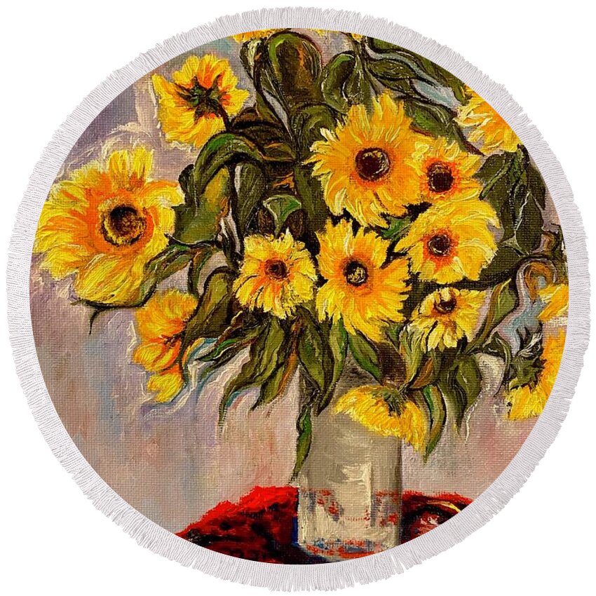 Sunflowers Round Beach Towel featuring the painting Monets Sunflowers by Anitra by Anitra Handley-Boyt